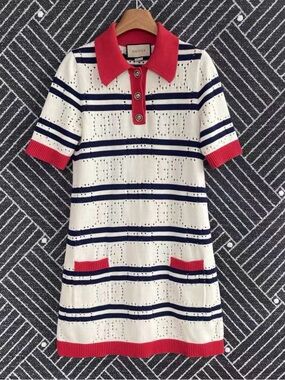 Authentic Gucci Cream, Navy & Red Striped Knit Polo